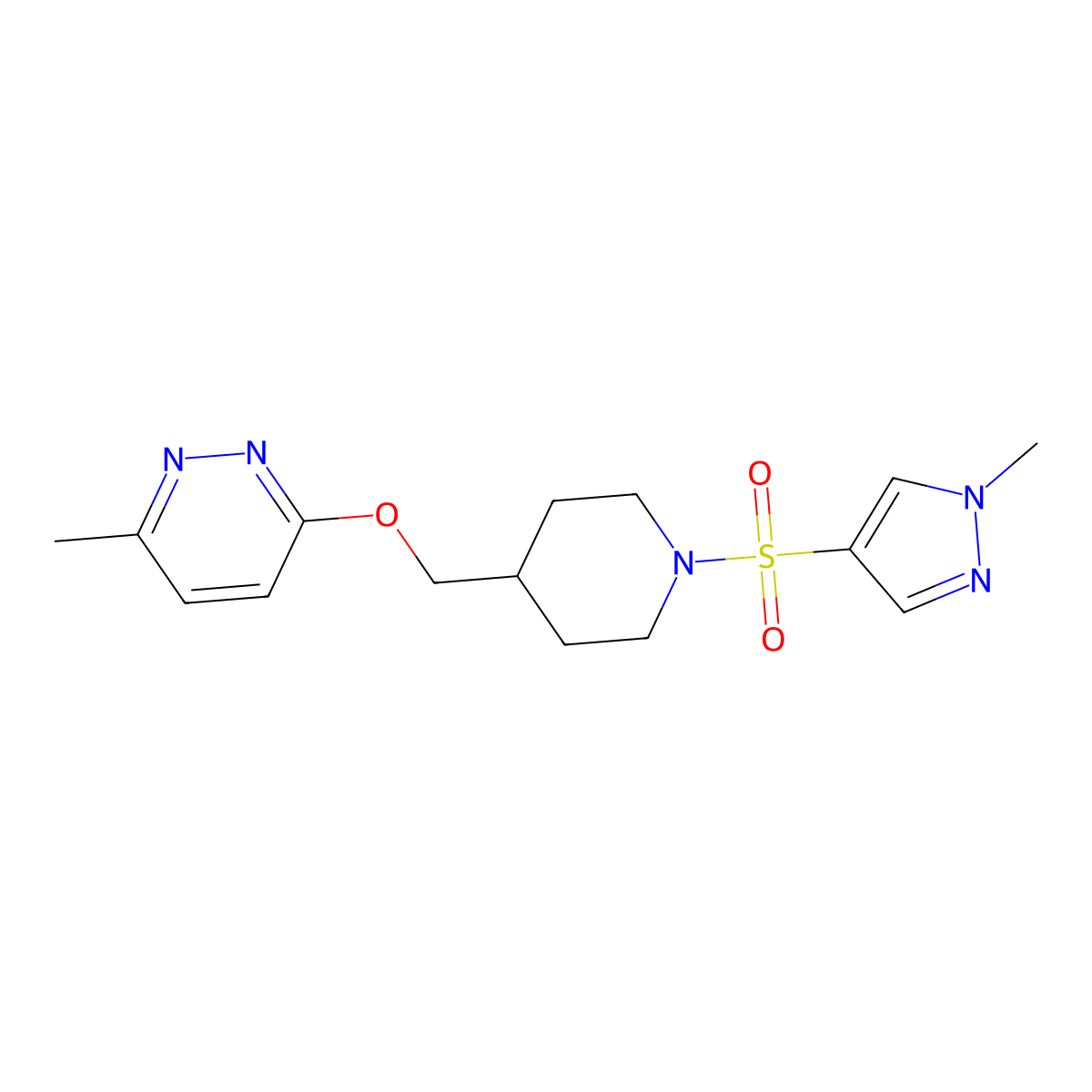 3-methyl-6-({1-[(1-methyl-1H-pyrazol-4-yl)sulfonyl]piperidin-4-yl}methoxy)pyridazine molecular structure, CAS 2320861-47-8