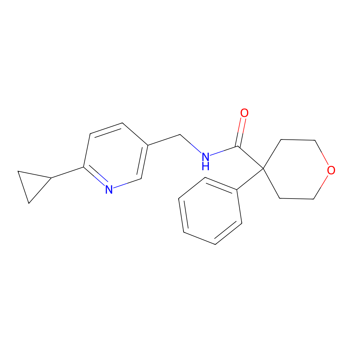 N-[(6-cyclopropylpyridin-3-yl)methyl]-4-phenyloxane-4-carboxamide molecular structure, CAS 2320885-20-7