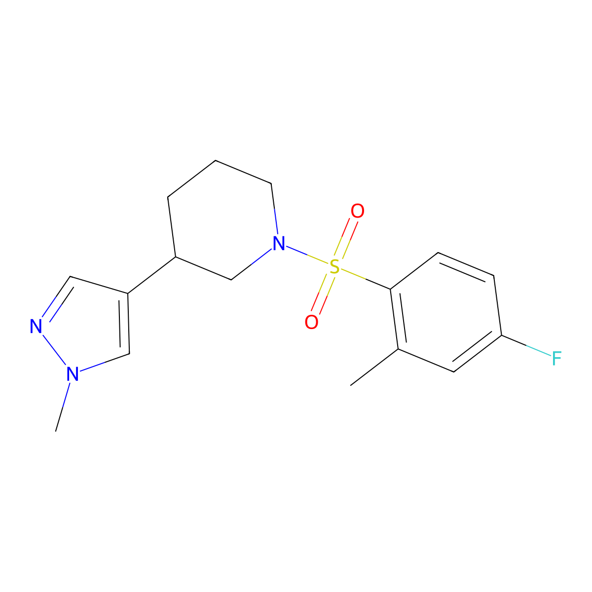 1-(4-fluoro-2-methylbenzenesulfonyl)-3-(1-methyl-1H-pyrazol-4-yl)piperidine molecular structure, CAS 2320885-38-7