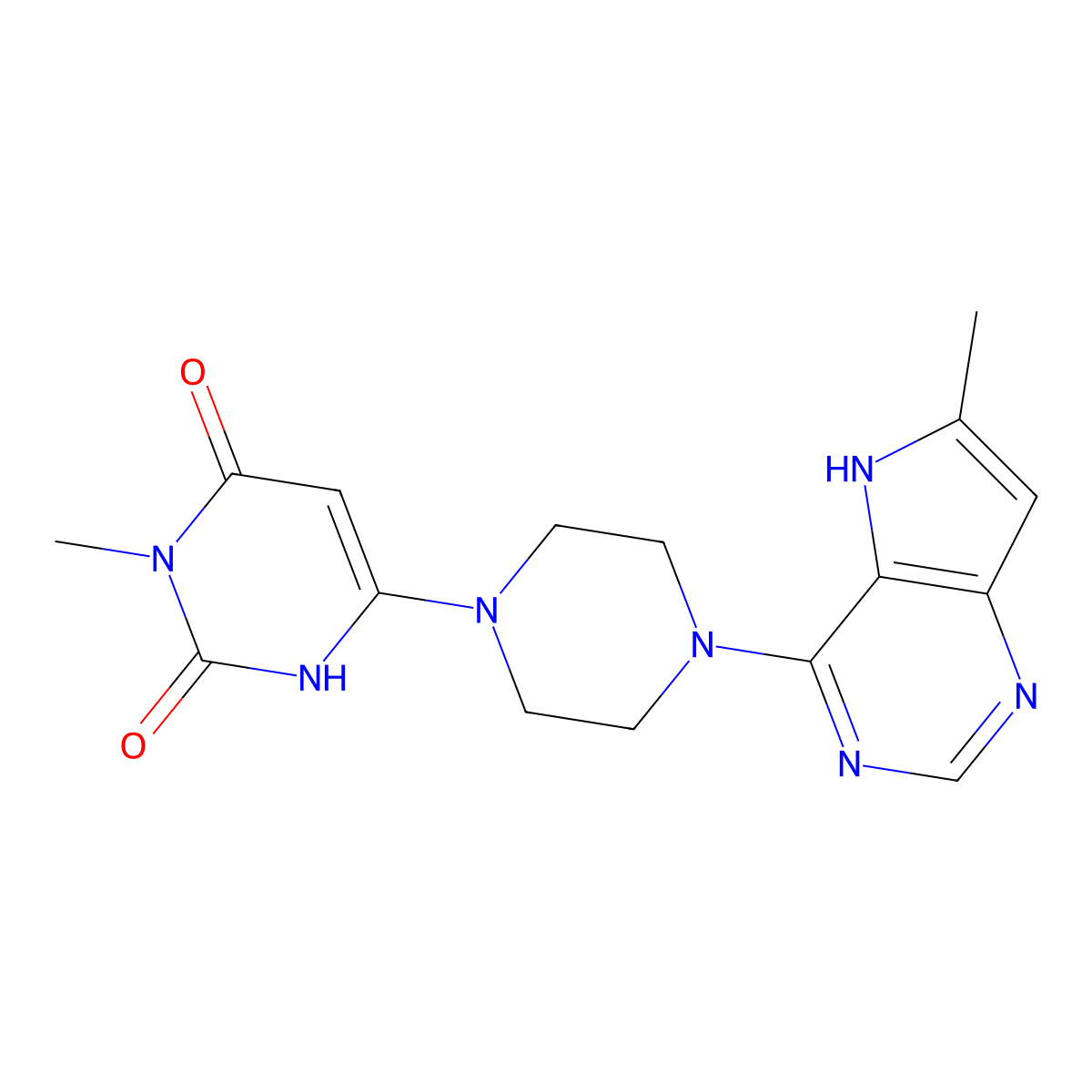 3-methyl-6-(4-(6-methyl-5H-pyrrolo[3,2-d]pyrimidin-4-yl)piperazin-1-yl)pyrimidine-2,4(1H,3H)-dione molecular structure, CAS 2320886-09-5