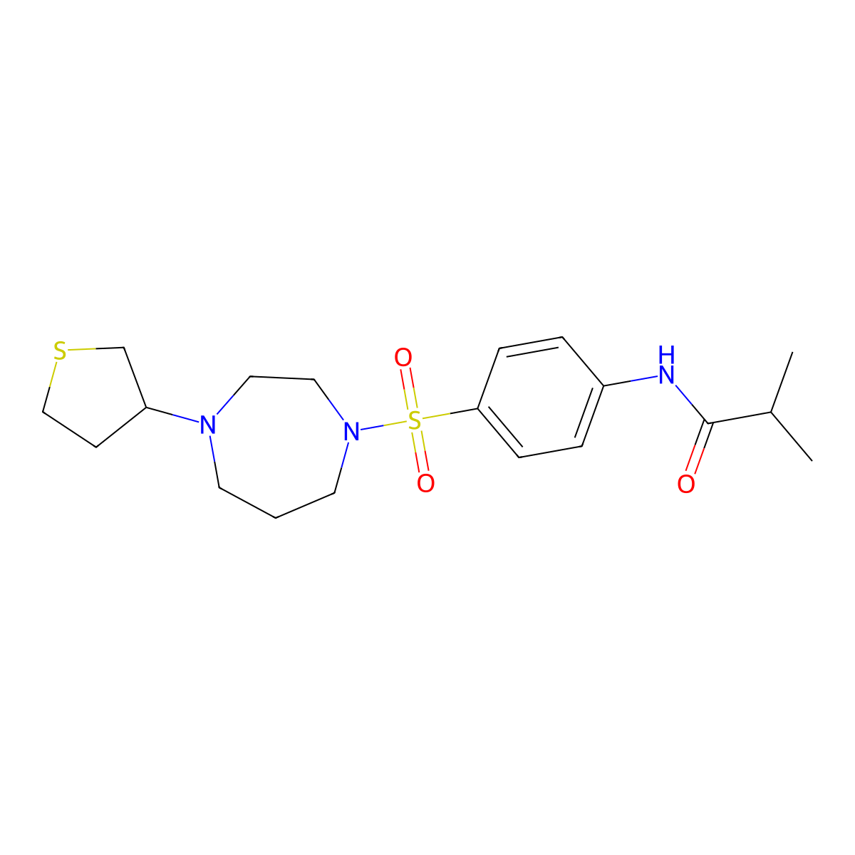 2-methyl-N-(4-{[4-(thiolan-3-yl)-1,4-diazepan-1-yl]sulfonyl}phenyl)propanamide molecular structure, CAS 2320886-55-1