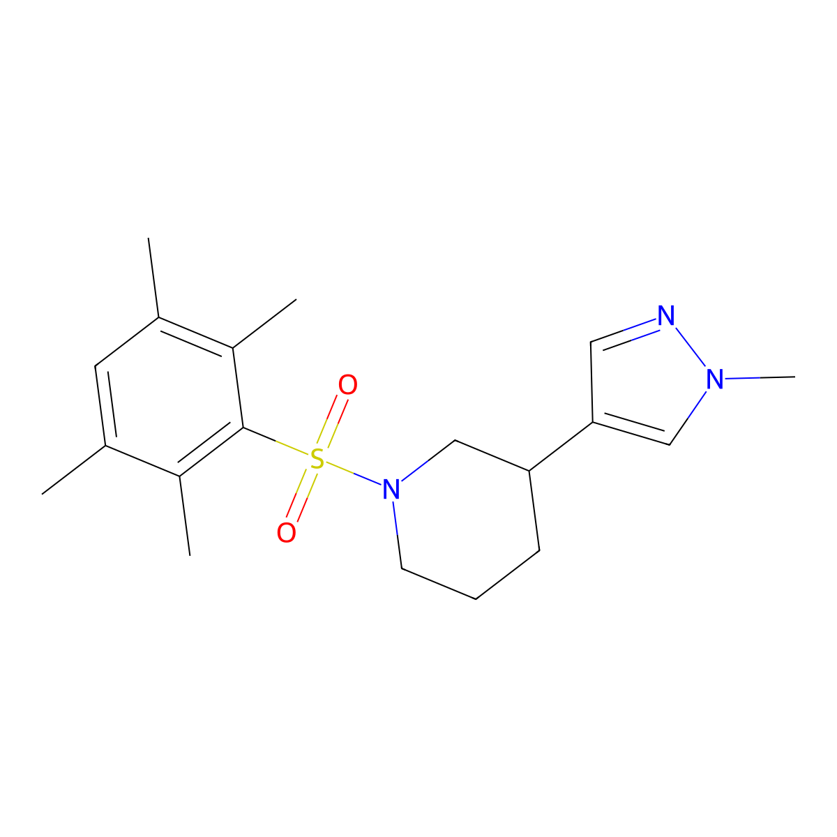 3-(1-methyl-1H-pyrazol-4-yl)-1-(2,3,5,6-tetramethylbenzenesulfonyl)piperidine molecular structure, CAS 2320887-20-3