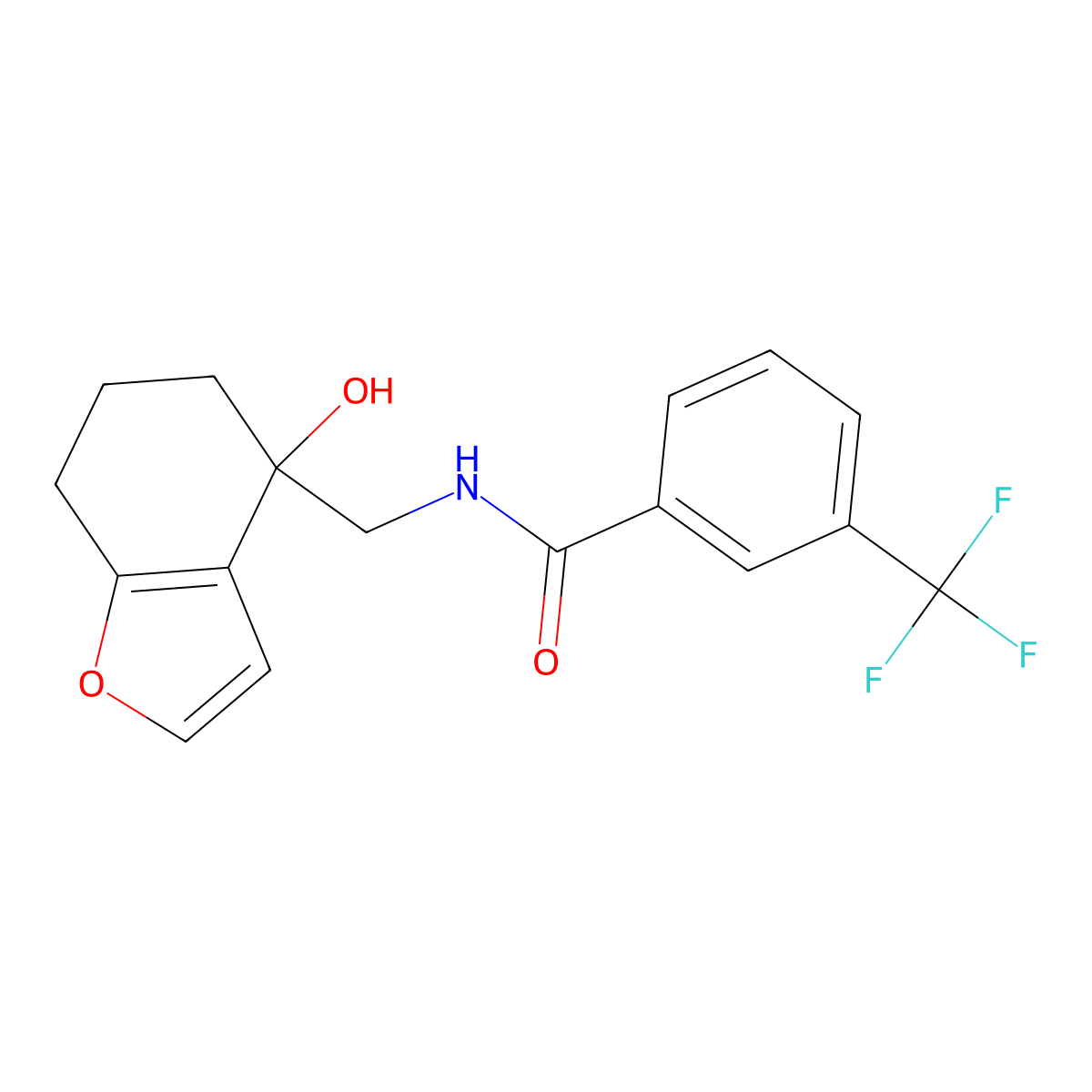 N-((4-hydroxy-4,5,6,7-tetrahydrobenzofuran-4-yl)methyl)-3-(trifluoromethyl)benzamide molecular structure, CAS 2320888-65-9
