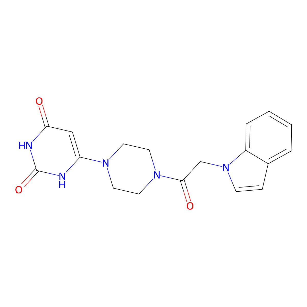 6-{4-[2-(1H-indol-1-yl)acetyl]piperazin-1-yl}-1,2,3,4-tetrahydropyrimidine-2,4-dione molecular structure, CAS 2320888-81-9