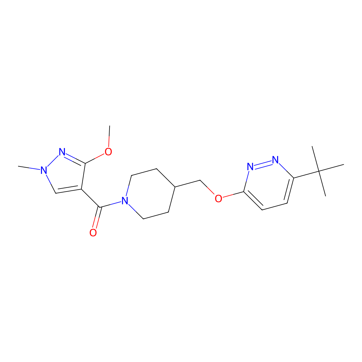 3-tert-butyl-6-{[1-(3-methoxy-1-methyl-1H-pyrazole-4-carbonyl)piperidin-4-yl]methoxy}pyridazine molecular structure, CAS 2320889-14-1