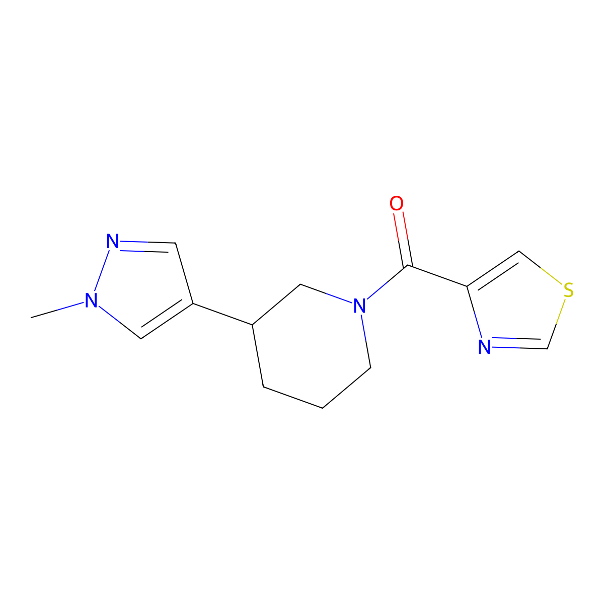 3-(1-methyl-1H-pyrazol-4-yl)-1-(1,3-thiazole-4-carbonyl)piperidine molecular structure, CAS 2320889-36-7