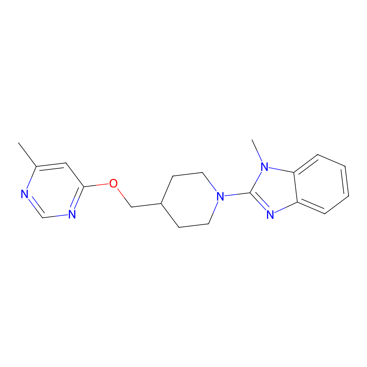 1-methyl-2-(4-{[(6-methylpyrimidin-4-yl)oxy]methyl}piperidin-1-yl)-1H-1,3-benzodiazole molecular structure, CAS 2320889-42-5