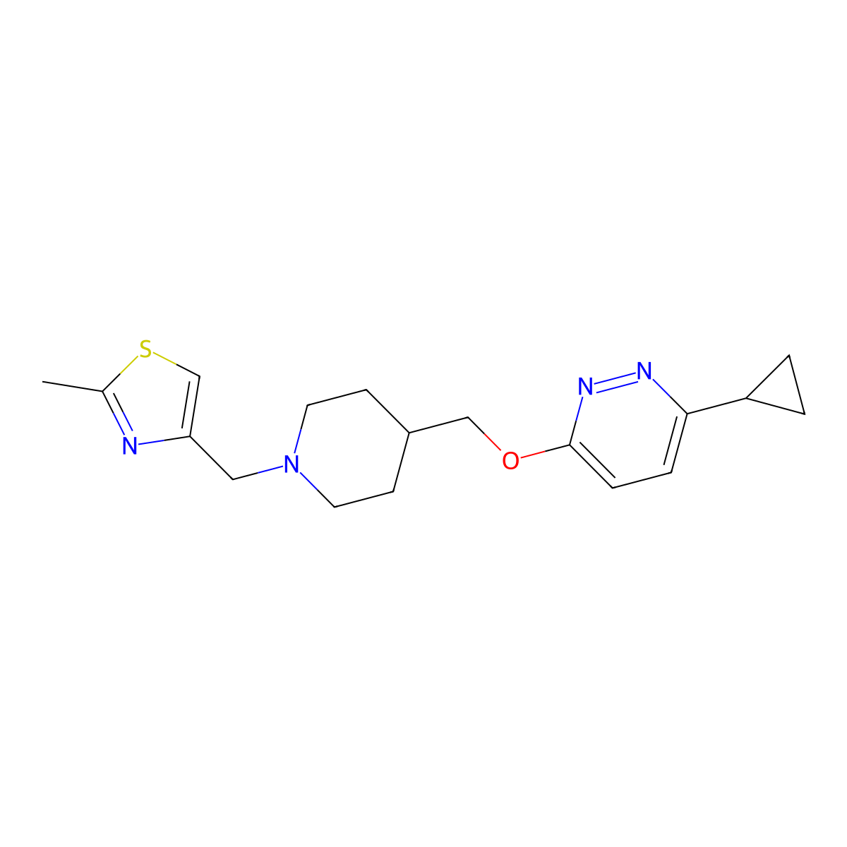 3-Cyclopropyl-6-({1-[(2-methyl-1,3-thiazol-4-yl)methyl]piperidin-4-yl}methoxy)pyridazine molecular structure, CAS 2320889-49-2