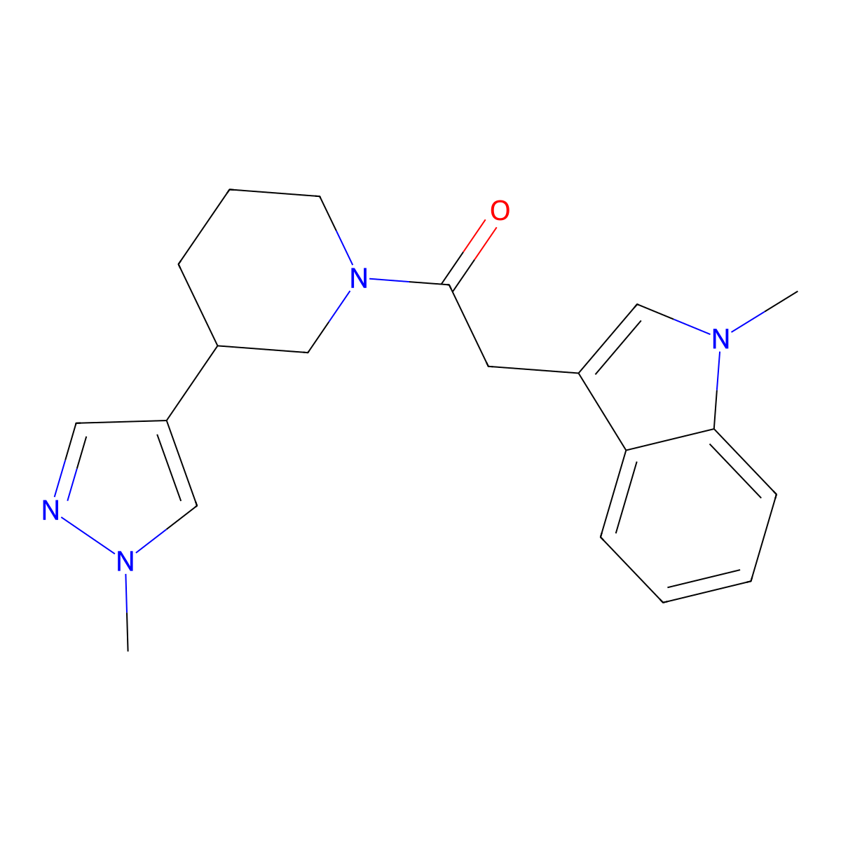 2-(1-methyl-1H-indol-3-yl)-1-[3-(1-methyl-1H-pyrazol-4-yl)piperidin-1-yl]ethan-1-one molecular structure, CAS 2320889-62-9