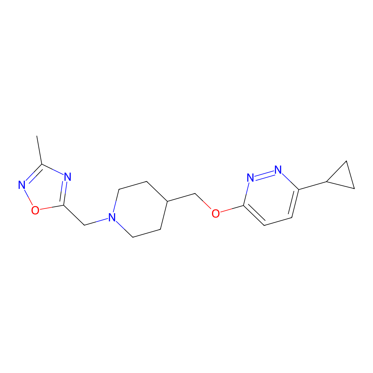 3-Cyclopropyl-6-({1-[(3-methyl-1,2,4-oxadiazol-5-yl)methyl]piperidin-4-yl}methoxy)pyridazine molecular structure, CAS 2320889-64-1
