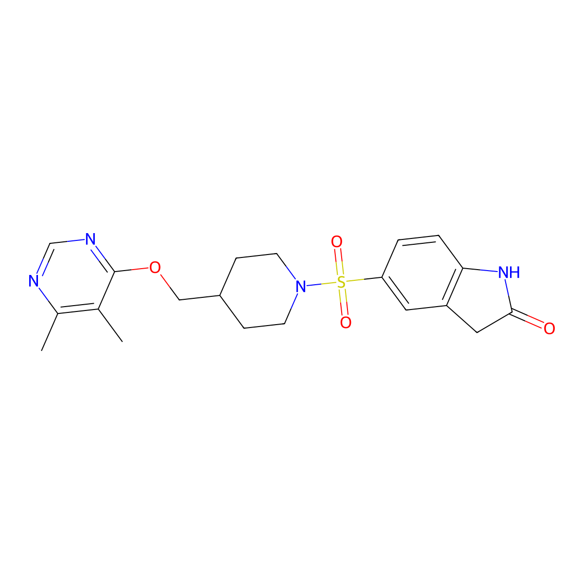 5-[(4-{[(5,6-dimethylpyrimidin-4-yl)oxy]methyl}piperidin-1-yl)sulfonyl]-2,3-dihydro-1H-indol-2-one molecular structure, CAS 2320889-77-6