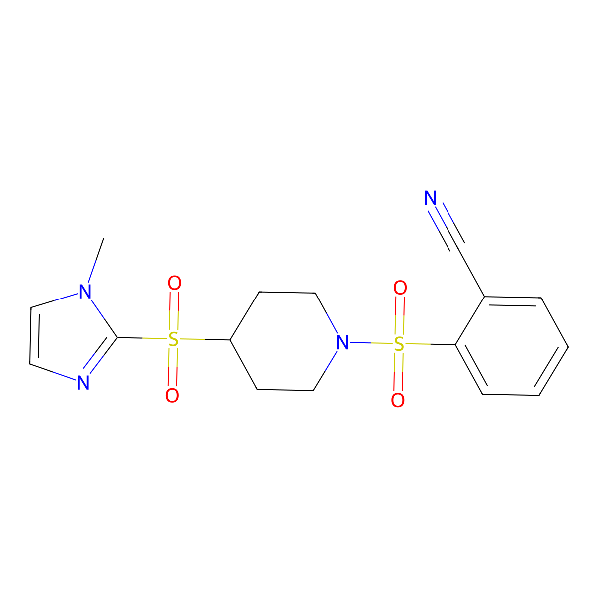 2-((4-((1-methyl-1H-imidazol-2-yl)sulfonyl)piperidin-1-yl)sulfonyl)benzonitrile molecular structure, CAS 2320891-30-1