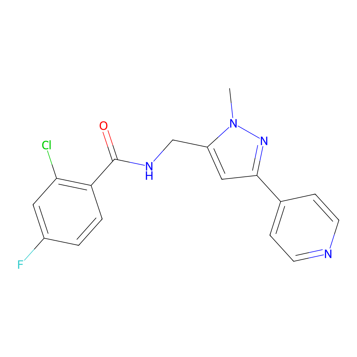 2-chloro-4-fluoro-N-{[1-methyl-3-(pyridin-4-yl)-1H-pyrazol-5-yl]methyl}benzamide molecular structure, CAS 2320891-61-8