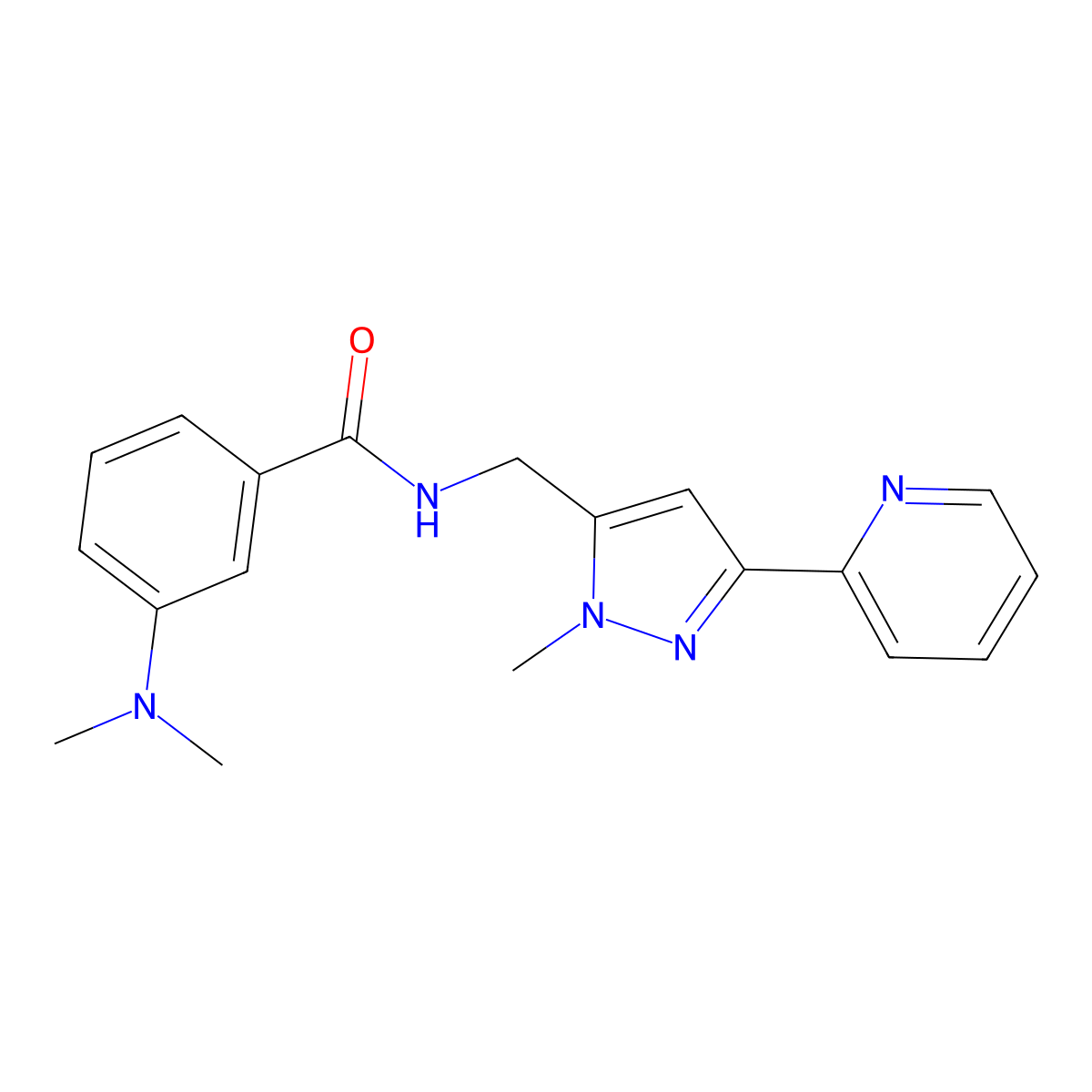 3-(dimethylamino)-N-{[1-methyl-3-(pyridin-2-yl)-1H-pyrazol-5-yl]methyl}benzamide molecular structure, CAS 2320891-69-6