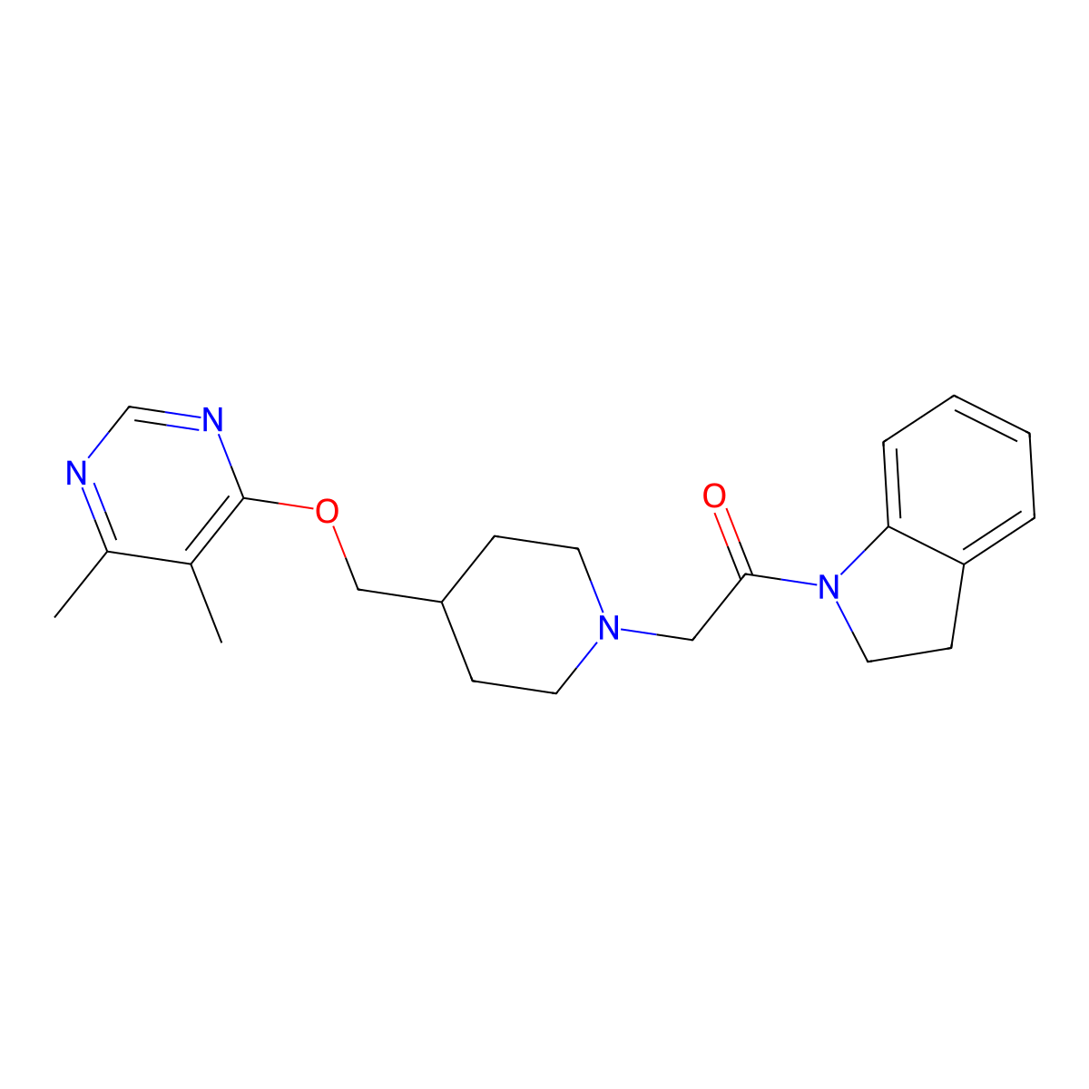 1-(2,3-dihydro-1H-indol-1-yl)-2-(4-{[(5,6-dimethylpyrimidin-4-yl)oxy]methyl}piperidin-1-yl)ethan-1-one molecular structure, CAS 2320896-65-7