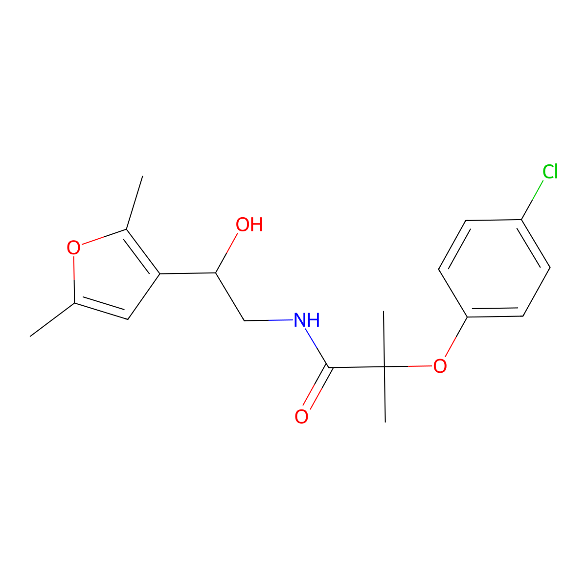 2-(4-chlorophenoxy)-N-[2-(2,5-dimethylfuran-3-yl)-2-hydroxyethyl]-2-methylpropanamide molecular structure, CAS 2320897-30-9