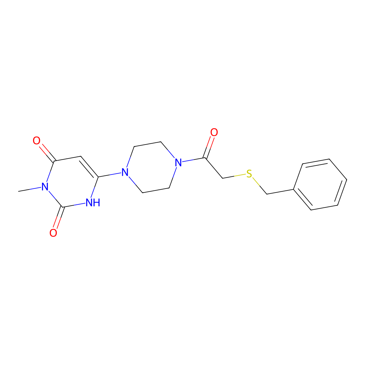 6-(4-(2-(benzylthio)acetyl)piperazin-1-yl)-3-methylpyrimidine-2,4(1H,3H)-dione molecular structure, CAS 2320897-34-3