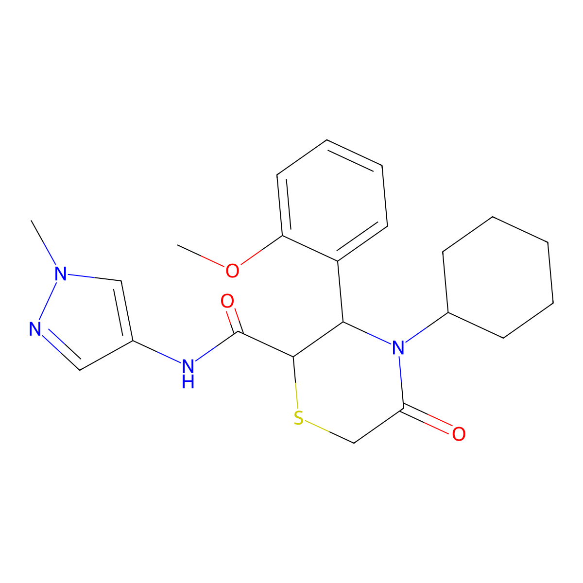 4-cyclohexyl-3-(2-methoxyphenyl)-N-(1-methyl-1H-pyrazol-4-yl)-5-oxothiomorpholine-2-carboxamide molecular structure, CAS 2320897-84-3