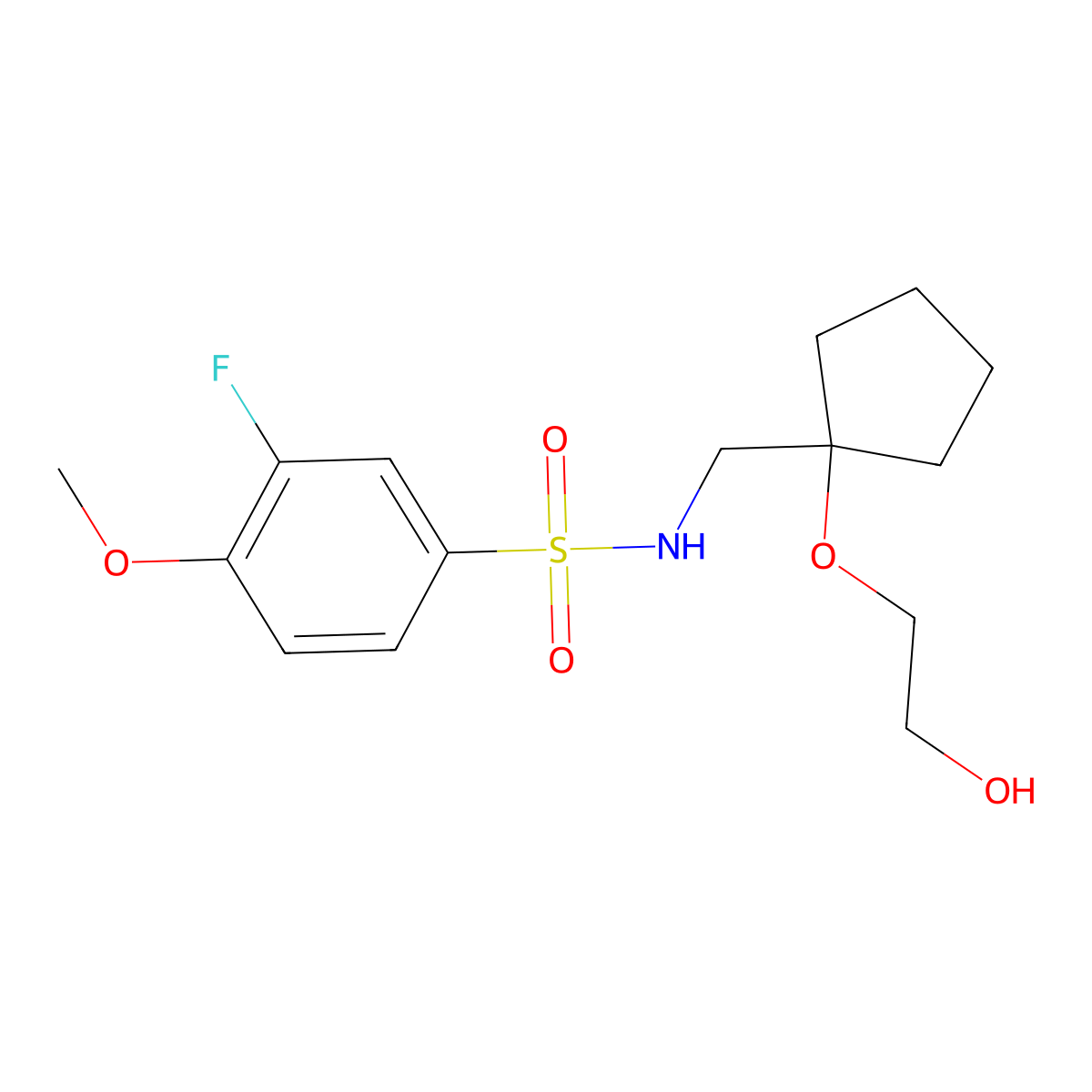 3-fluoro-N-{[1-(2-hydroxyethoxy)cyclopentyl]methyl}-4-methoxybenzene-1-sulfonamide molecular structure, CAS 2320898-08-4