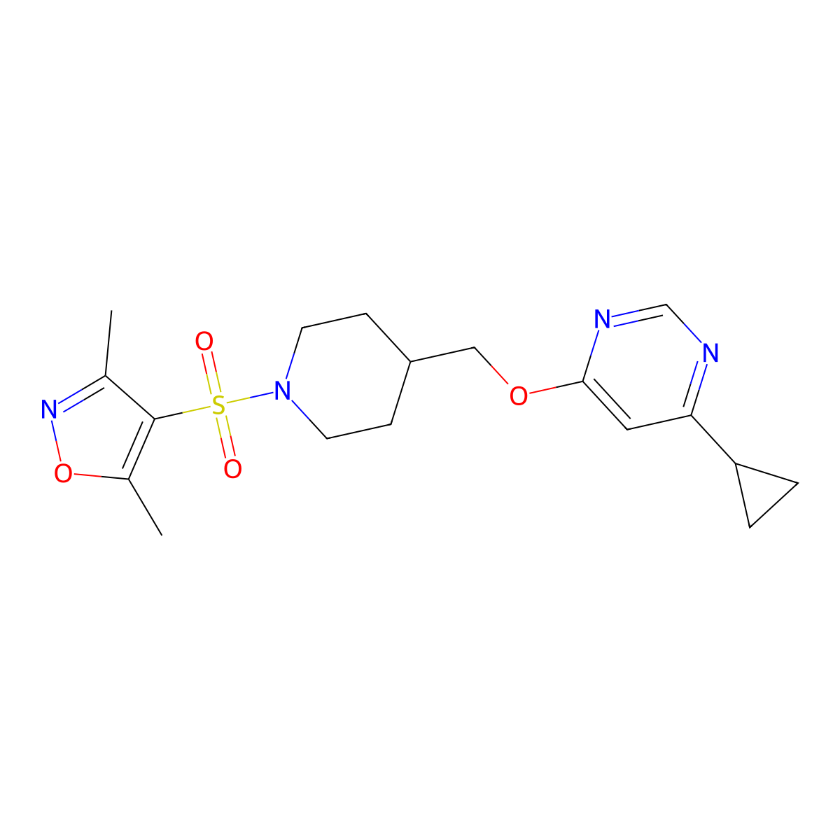 4-((4-(((6-Cyclopropylpyrimidin-4-yl)oxy)methyl)piperidin-1-yl)sulfonyl)-3,5-dimethylisoxazole molecular structure, CAS 2320898-42-6