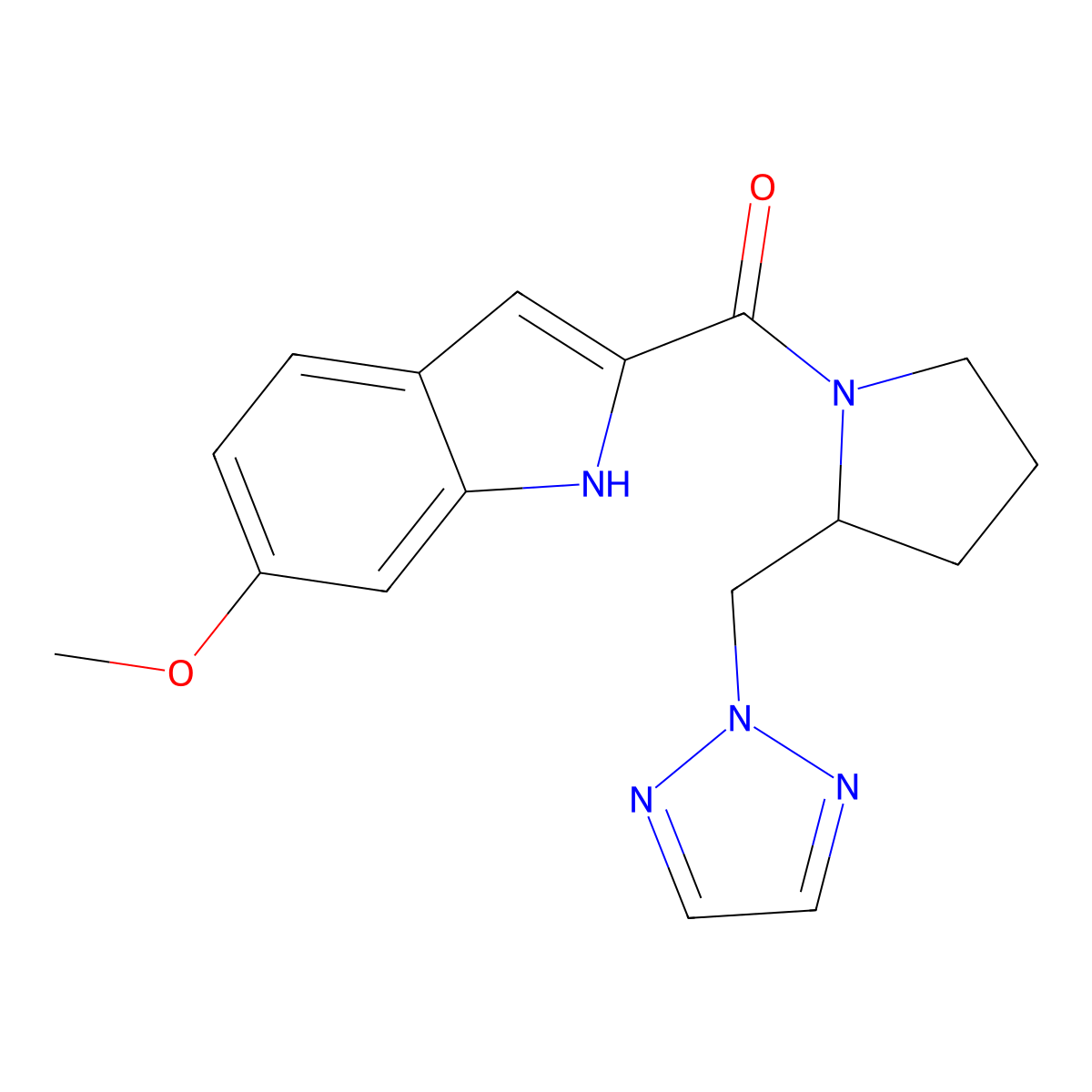 6-methoxy-2-{2-[(2H-1,2,3-triazol-2-yl)methyl]pyrrolidine-1-carbonyl}-1H-indole molecular structure, CAS 2320898-60-8