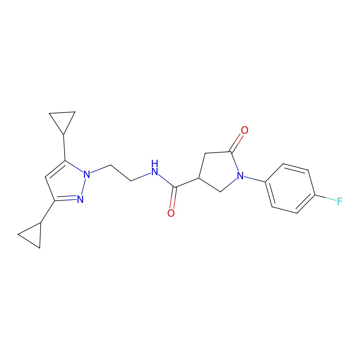 N-[2-(3,5-dicyclopropyl-1H-pyrazol-1-yl)ethyl]-1-(4-fluorophenyl)-5-oxopyrrolidine-3-carboxamide molecular structure, CAS 2320898-63-1