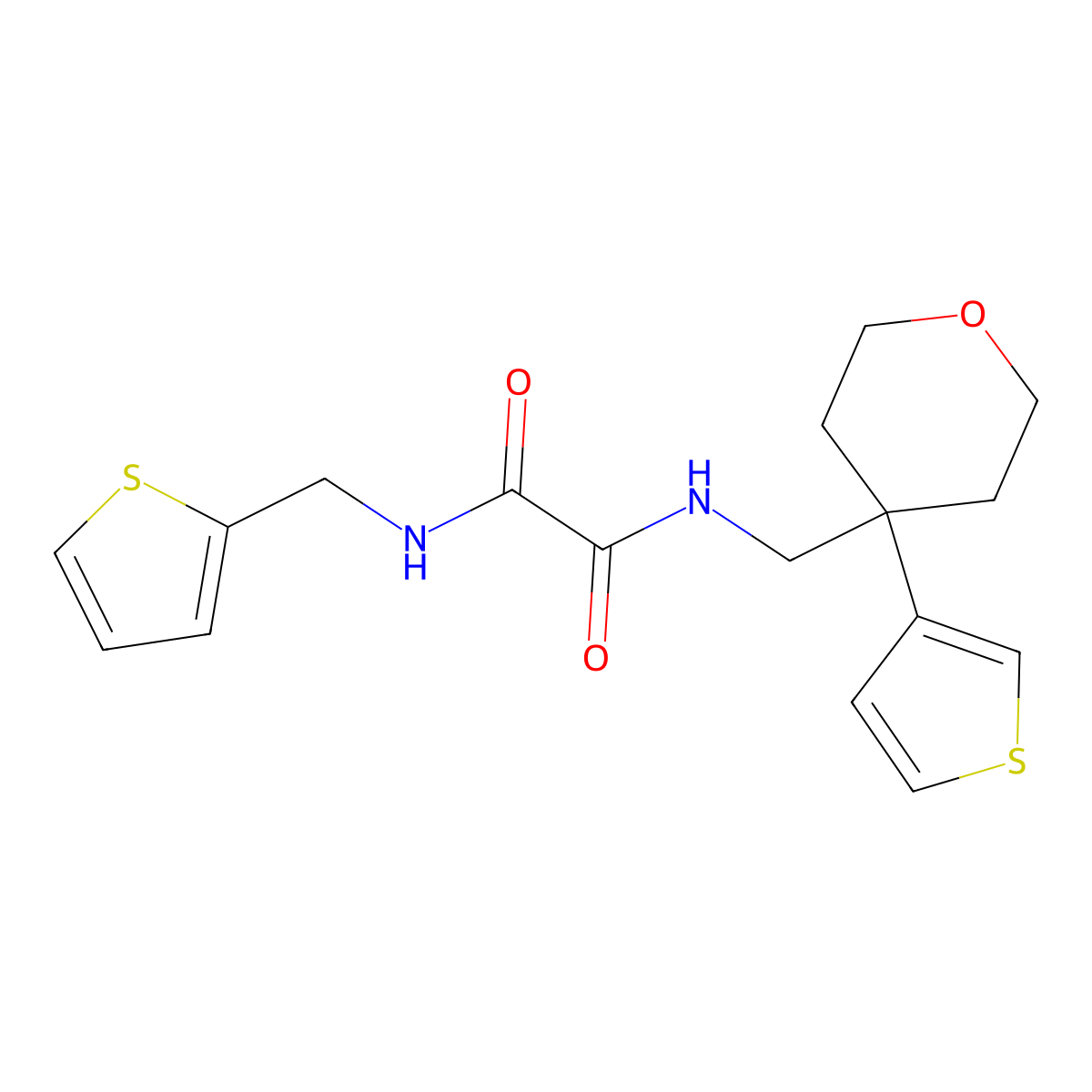 N1-(thiophen-2-ylmethyl)-N2-((4-(thiophen-3-yl)tetrahydro-2H-pyran-4-yl)methyl)oxalamide molecular structure, CAS 2320898-68-6