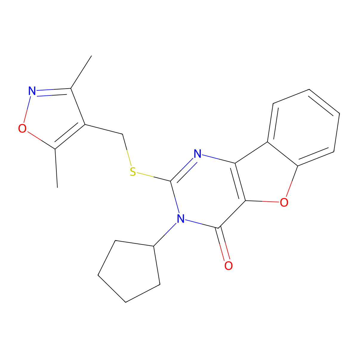 5-Cyclopentyl-4-{[(3,5-dimethyl-1,2-oxazol-4-yl)methyl]sulfanyl}-8-oxa-3,5-diazatricyclo[7.4.0.0^{2,7}]trideca-1(9),2(7),3,10,12-pentaen-6-one molecular structure, CAS 2320898-77-7