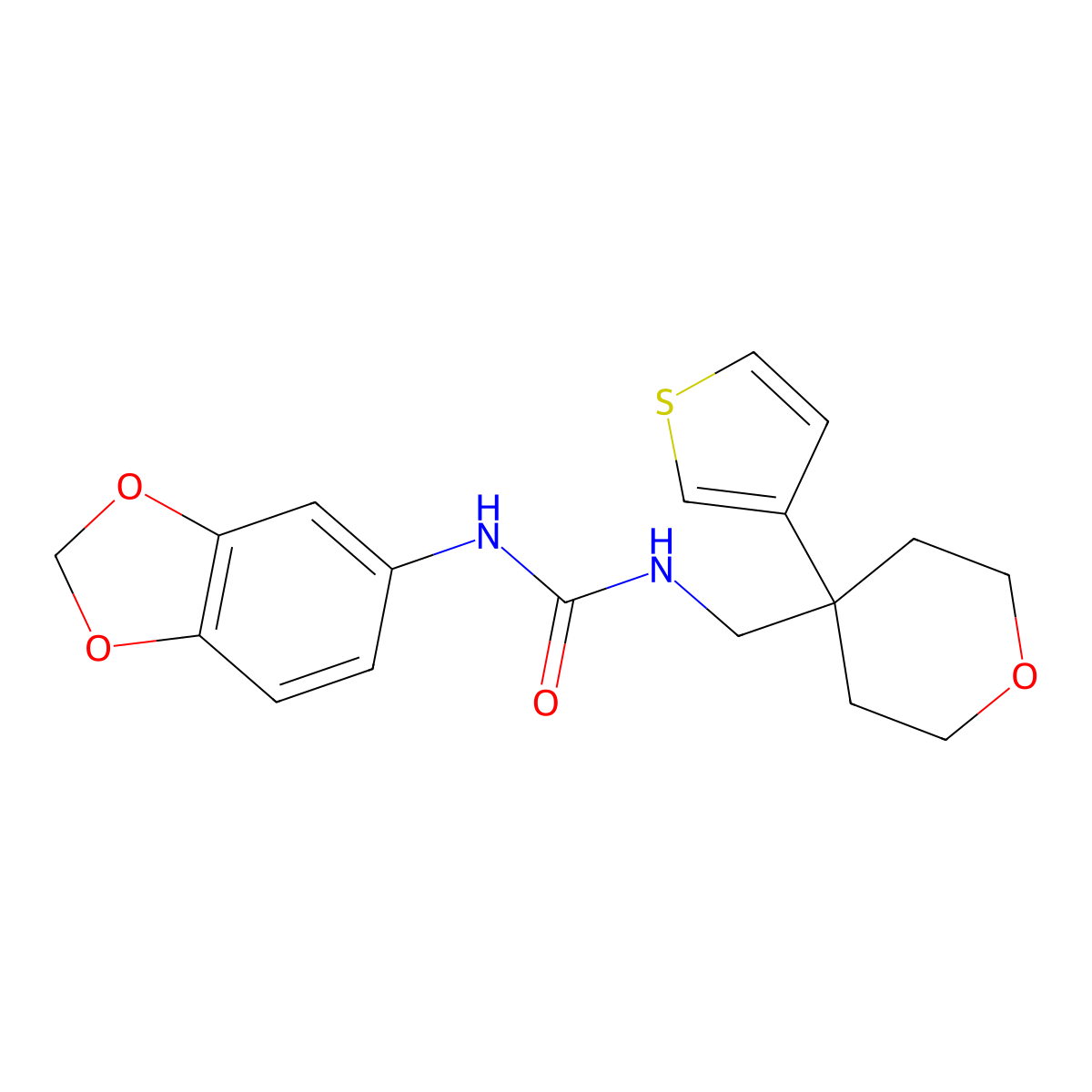 3-(2H-1,3-benzodioxol-5-yl)-1-{[4-(thiophen-3-yl)oxan-4-yl]methyl}urea molecular structure, CAS 2320900-07-8