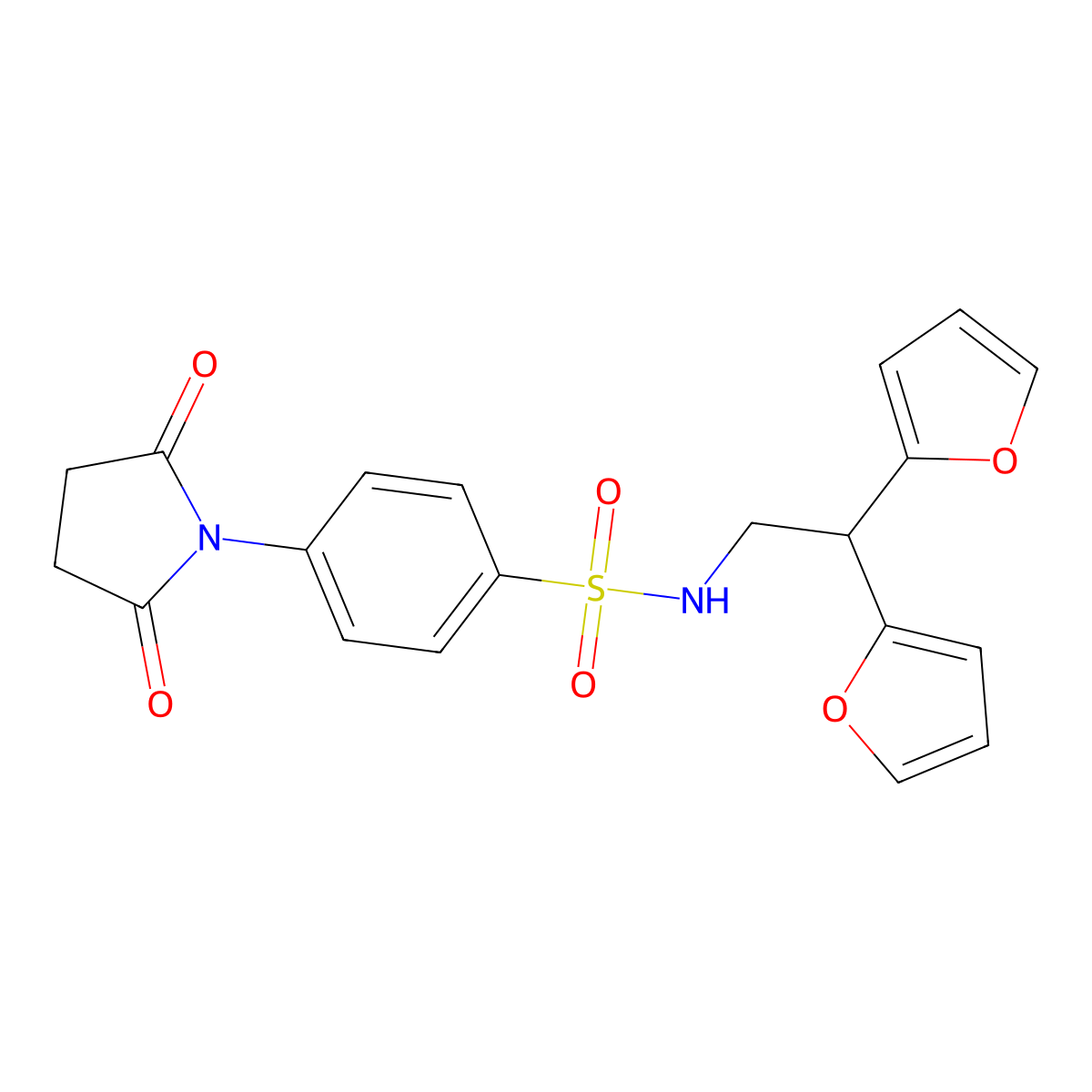 N-(2,2-di(furan-2-yl)ethyl)-4-(2,5-dioxopyrrolidin-1-yl)benzenesulfonamide molecular structure, CAS 2320900-27-2
