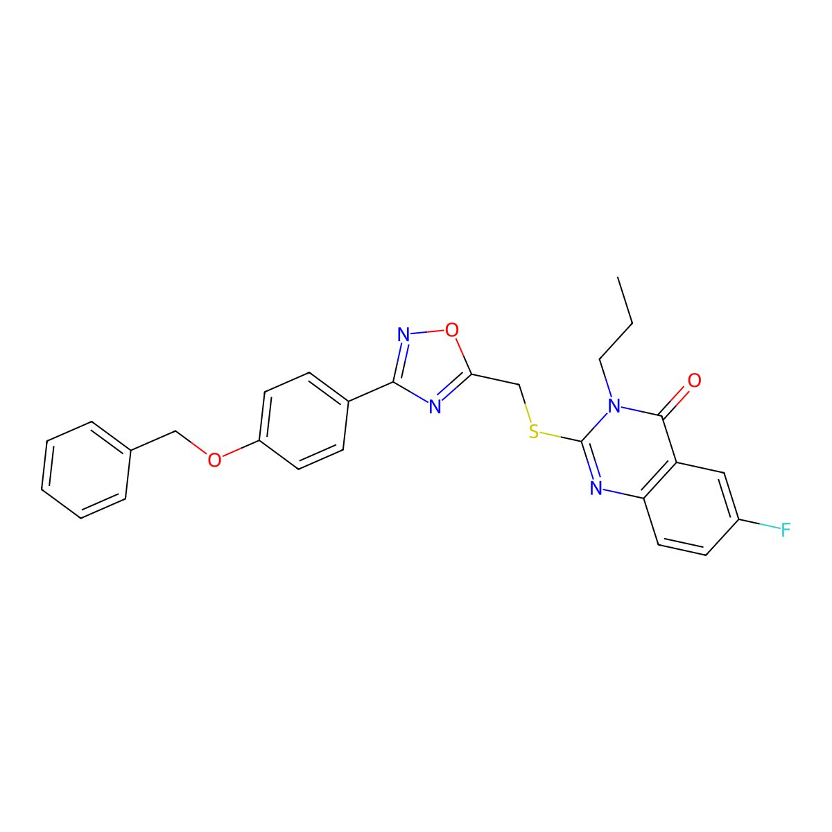 2-(((3-(4-(benzyloxy)phenyl)-1,2,4-oxadiazol-5-yl)methyl)thio)-6-fluoro-3-propylquinazolin-4(3H)-one molecular structure, CAS 2320900-33-0