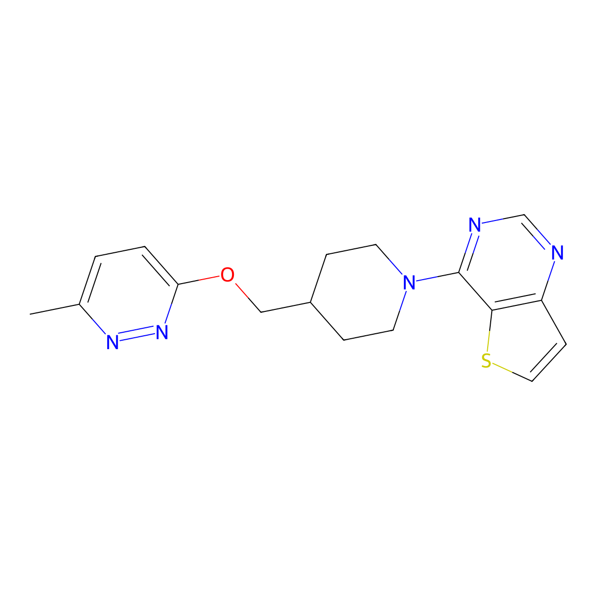 3-Methyl-6-[(1-{thieno[3,2-d]pyrimidin-4-yl}piperidin-4-yl)methoxy]pyridazine molecular structure, CAS 2320922-87-8