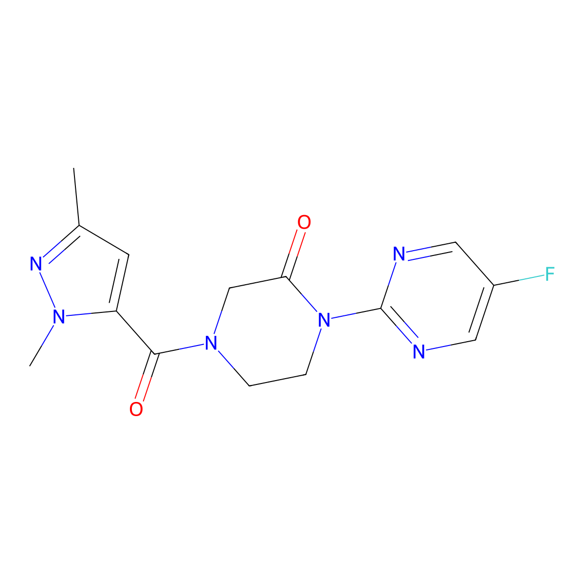 4-(1,3-dimethyl-1H-pyrazole-5-carbonyl)-1-(5-fluoropyrimidin-2-yl)piperazin-2-one molecular structure, CAS 2320923-18-8