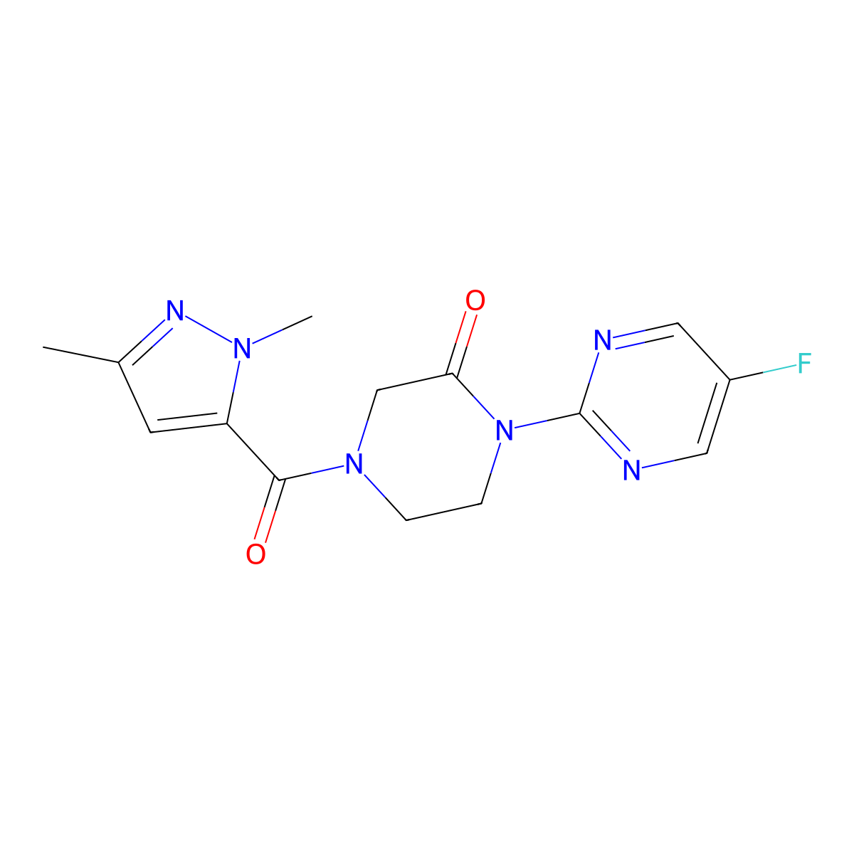 4-(1,3-dimethyl-1H-pyrazole-5-carbonyl)-1-(5-fluoropyrimidin-2-yl)piperazin-2-one molecular structure, CAS 2320923-18-8