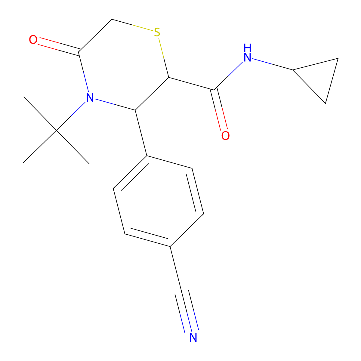 4-tert-butyl-3-(4-cyanophenyl)-N-cyclopropyl-5-oxothiomorpholine-2-carboxamide molecular structure, CAS 2320923-69-9