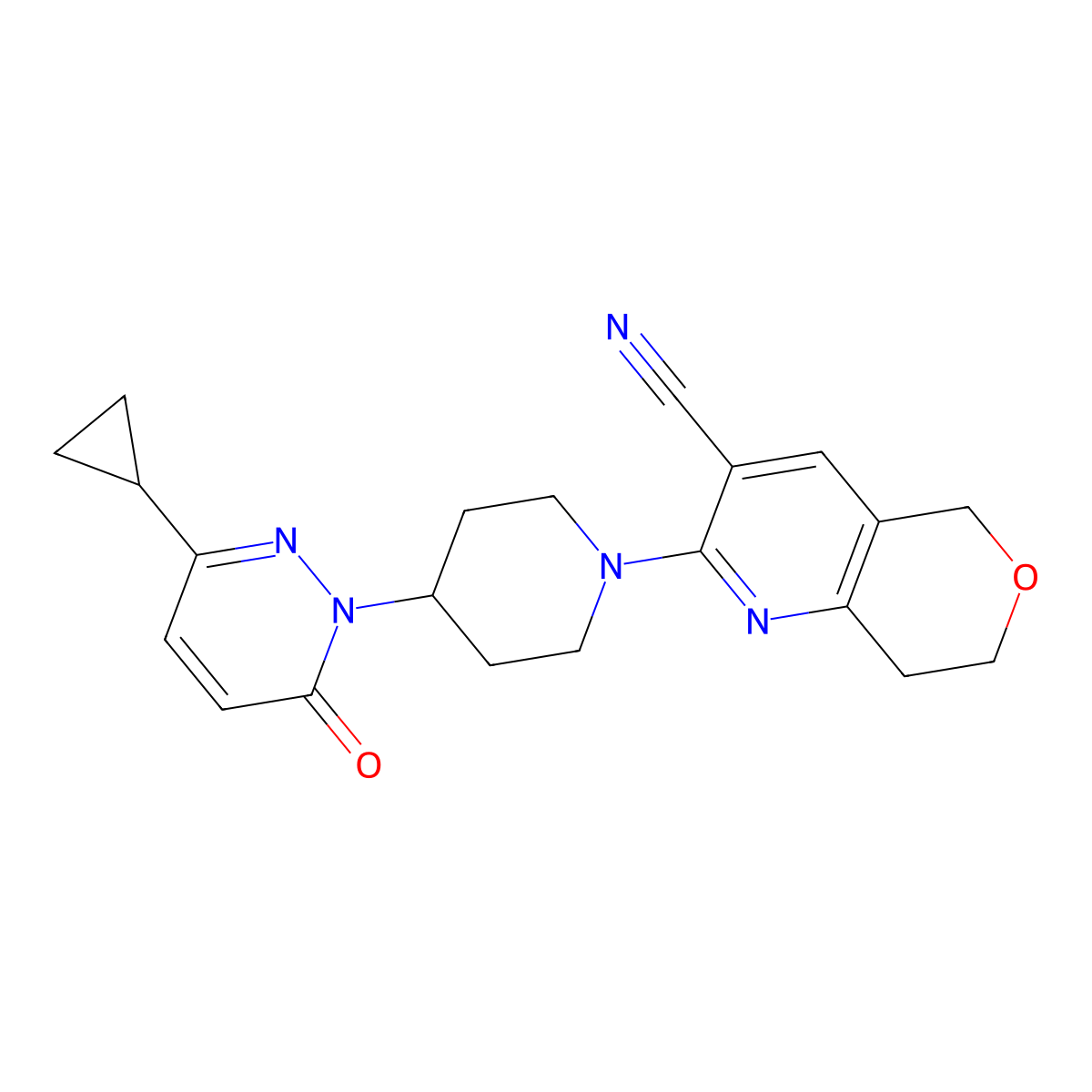 2-[4-(3-cyclopropyl-6-oxo-1,6-dihydropyridazin-1-yl)piperidin-1-yl]-5H,7H,8H-pyrano[4,3-b]pyridine-3-carbonitrile molecular structure, CAS 2320923-73-5