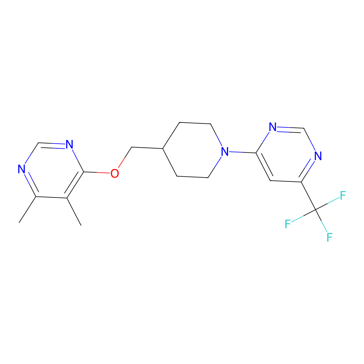 4-(4-{[(5,6-Dimethylpyrimidin-4-yl)oxy]methyl}piperidin-1-yl)-6-(trifluoromethyl)pyrimidine molecular structure, CAS 2320923-80-4