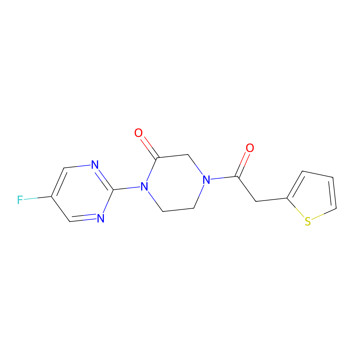 1-(5-Fluoropyrimidin-2-yl)-4-[2-(thiophen-2-yl)acetyl]piperazin-2-one molecular structure, CAS 2320923-81-5