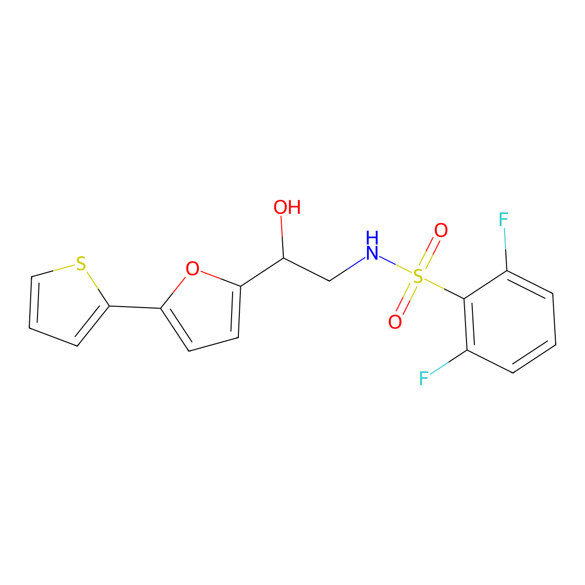 2,6-difluoro-N-{2-hydroxy-2-[5-(thiophen-2-yl)furan-2-yl]ethyl}benzene-1-sulfonamide molecular structure, CAS 2320923-86-0