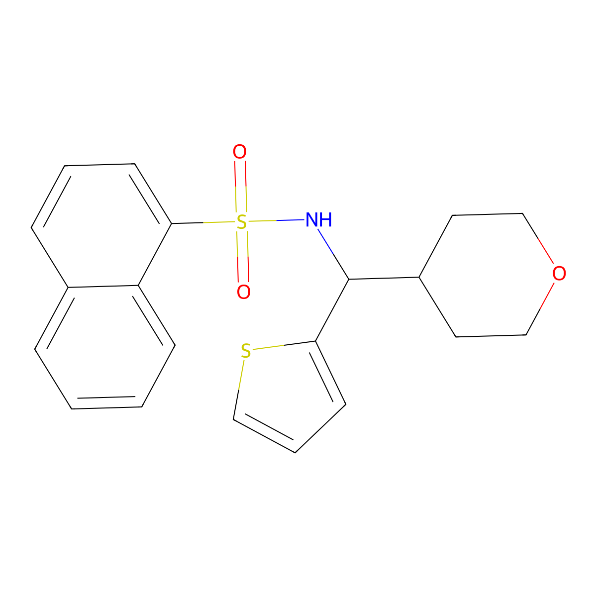 N-((tetrahydro-2H-pyran-4-yl)(thiophen-2-yl)methyl)naphthalene-1-sulfonamide molecular structure, CAS 2320923-95-1