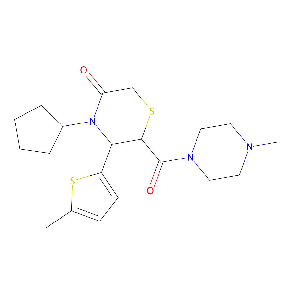 4-Cyclopentyl-6-(4-methylpiperazine-1-carbonyl)-5-(5-methylthiophen-2-yl)thiomorpholin-3-one molecular structure, CAS 2320923-98-4
