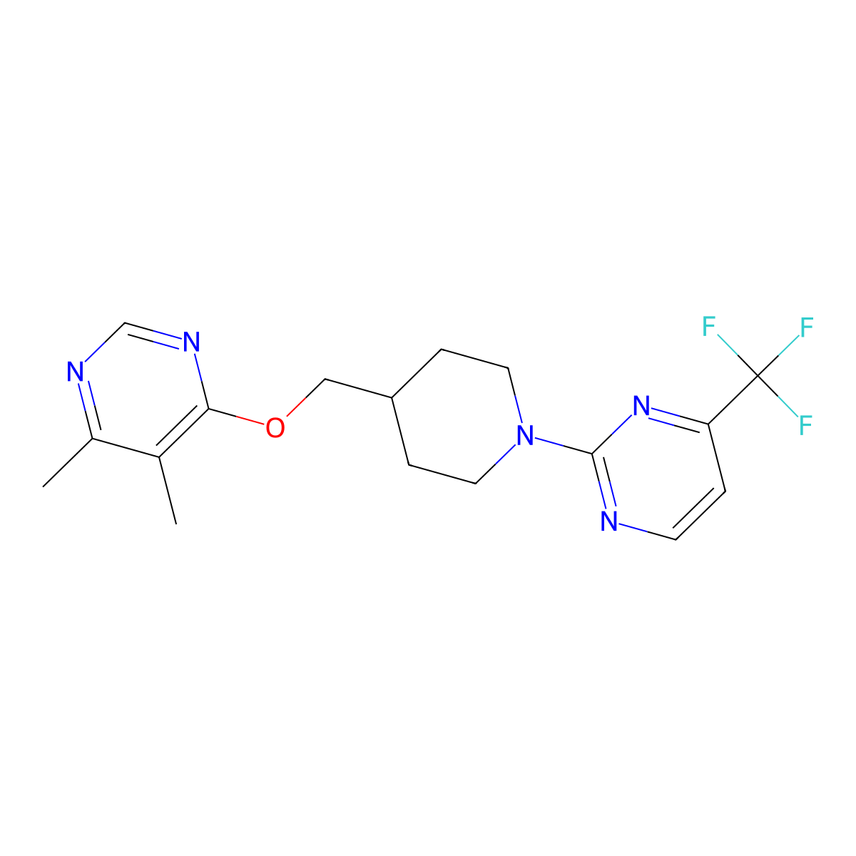 2-(4-{[(5,6-Dimethylpyrimidin-4-yl)oxy]methyl}piperidin-1-yl)-4-(trifluoromethyl)pyrimidine molecular structure, CAS 2320924-12-5