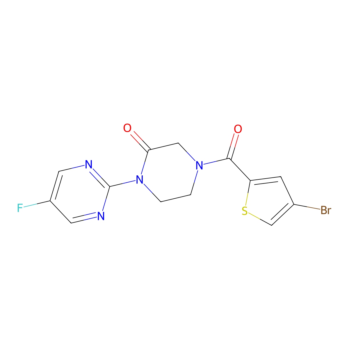 4-(4-Bromothiophene-2-carbonyl)-1-(5-fluoropyrimidin-2-yl)piperazin-2-one molecular structure, CAS 2320924-27-2