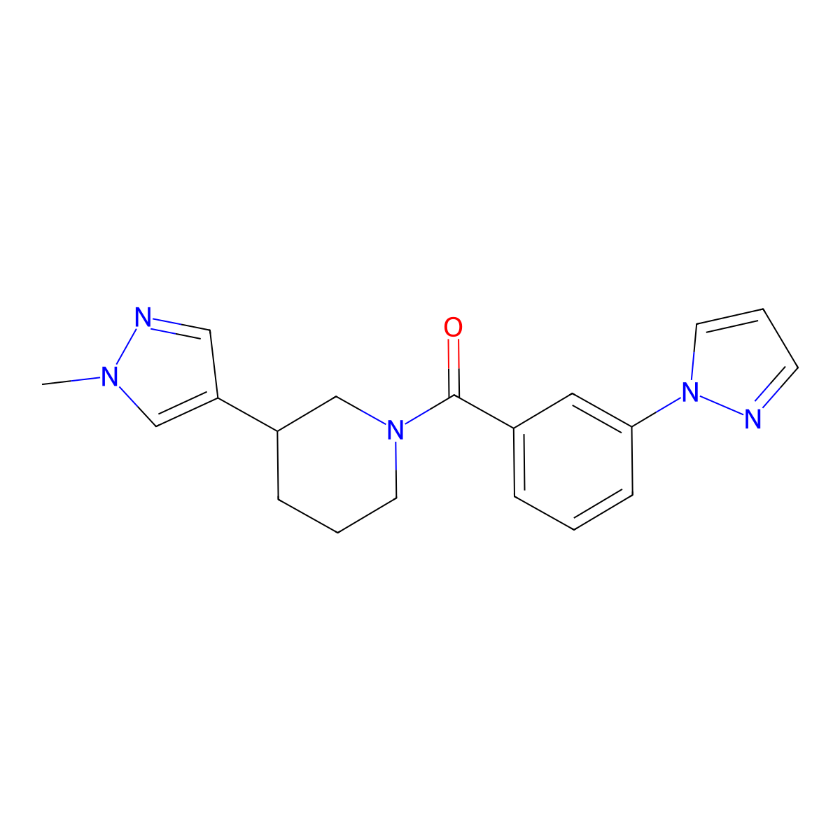 3-(1-methyl-1H-pyrazol-4-yl)-1-[3-(1H-pyrazol-1-yl)benzoyl]piperidine molecular structure, CAS 2320924-34-1