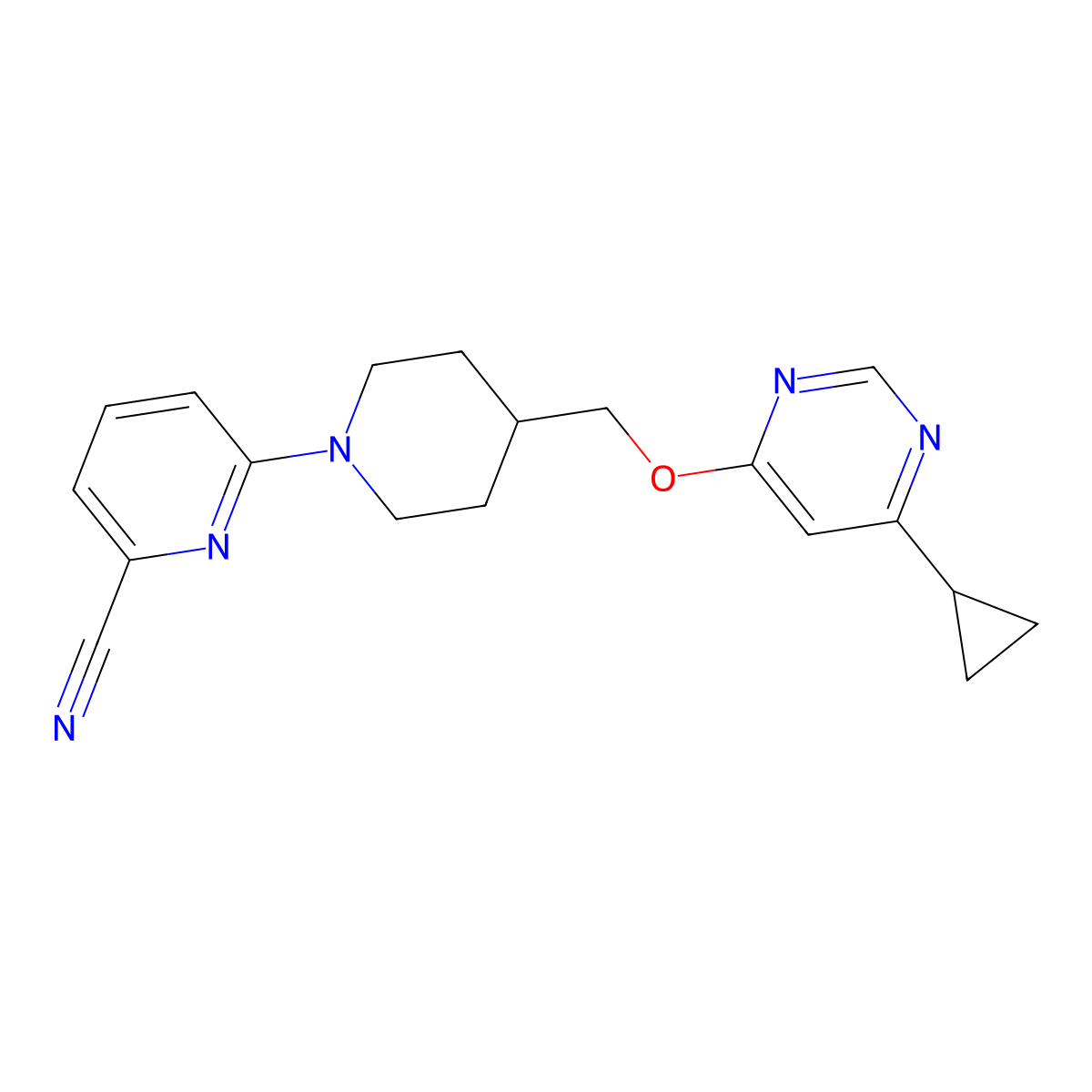 6-(4-(((6-Cyclopropylpyrimidin-4-yl)oxy)methyl)piperidin-1-yl)picolinonitrile molecular structure, CAS 2320924-35-2