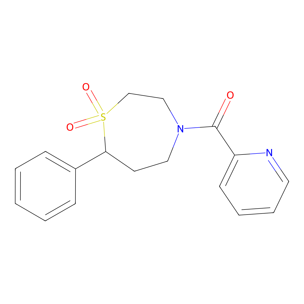(1,1-Dioxido-7-phenyl-1,4-thiazepan-4-yl)(pyridin-2-yl)methanone molecular structure, CAS 2320924-45-4