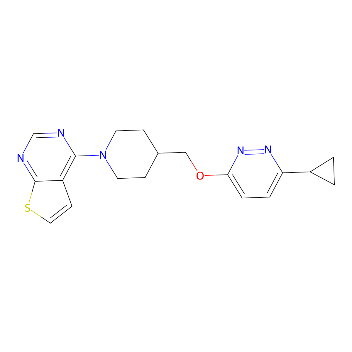 3-Cyclopropyl-6-[(1-{thieno[2,3-d]pyrimidin-4-yl}piperidin-4-yl)methoxy]pyridazine molecular structure, CAS 2320924-66-9
