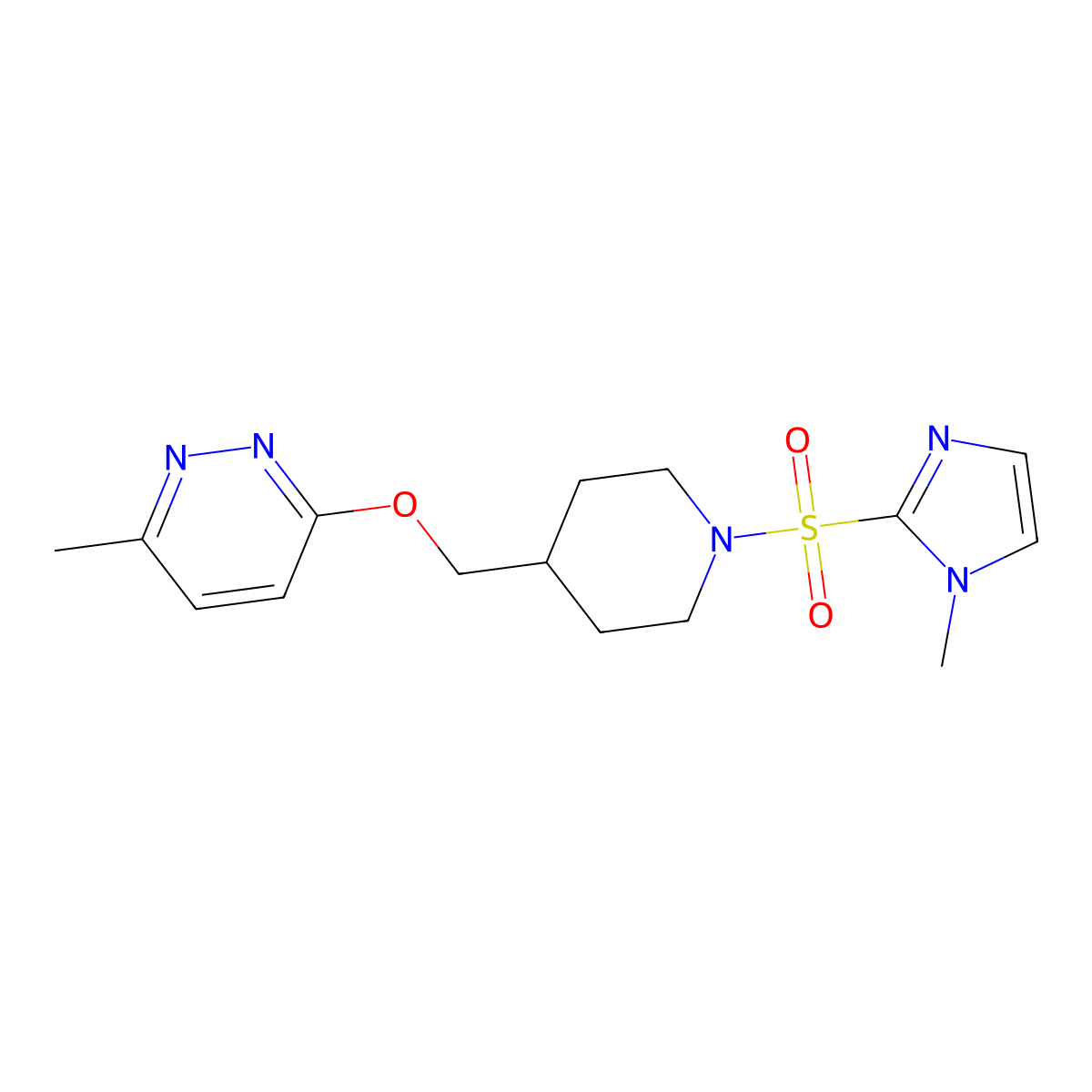 3-Methyl-6-[[1-(1-methylimidazol-2-yl)sulfonylpiperidin-4-yl]methoxy]pyridazine molecular structure, CAS 2320925-61-7