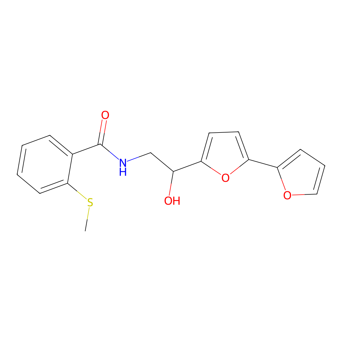 N-(2-{[2,2'-bifuran]-5-yl}-2-hydroxyethyl)-2-(methylsulfanyl)benzamide molecular structure, CAS 2320925-83-3