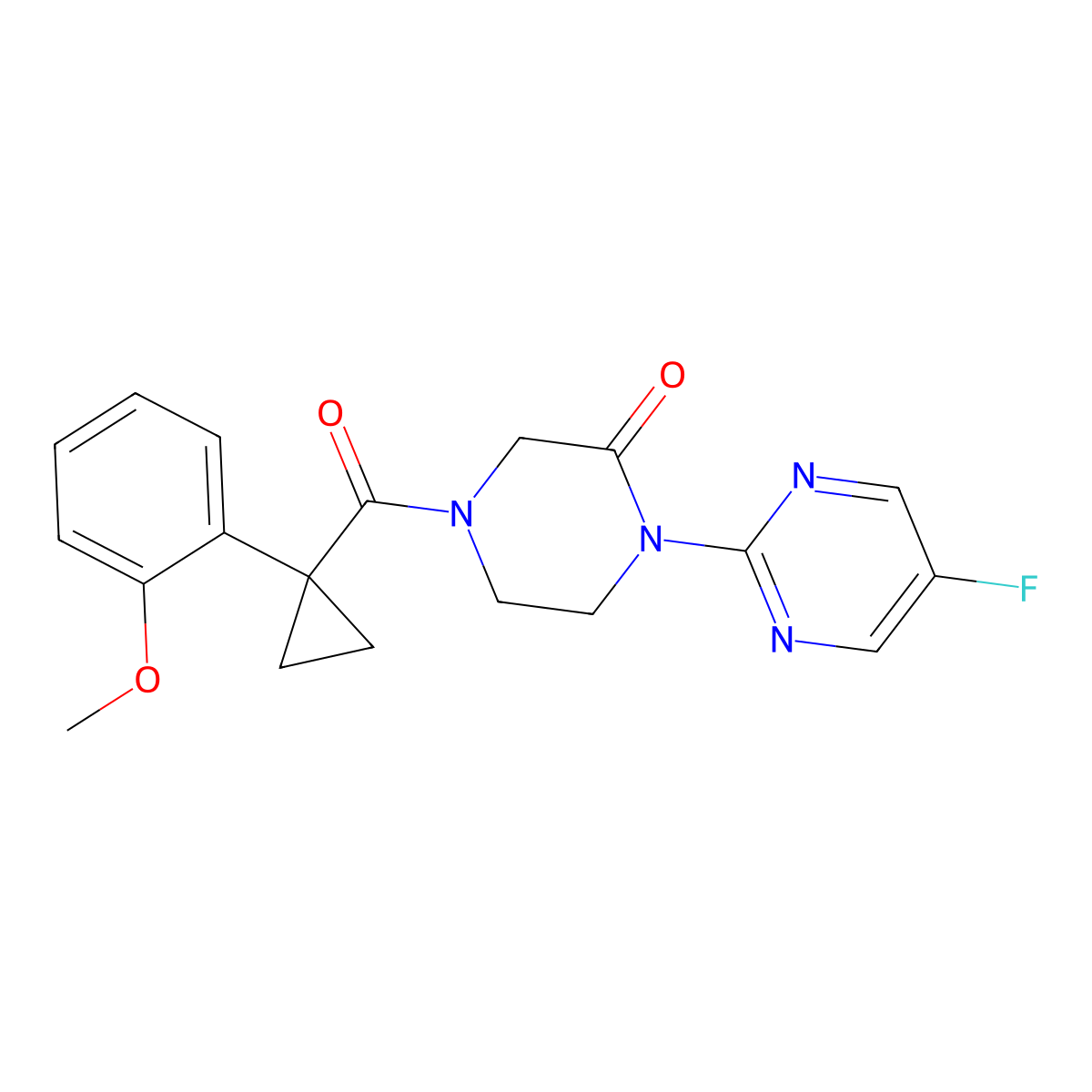 1-(5-Fluoropyrimidin-2-yl)-4-[1-(2-methoxyphenyl)cyclopropanecarbonyl]piperazin-2-one molecular structure, CAS 2320925-88-8